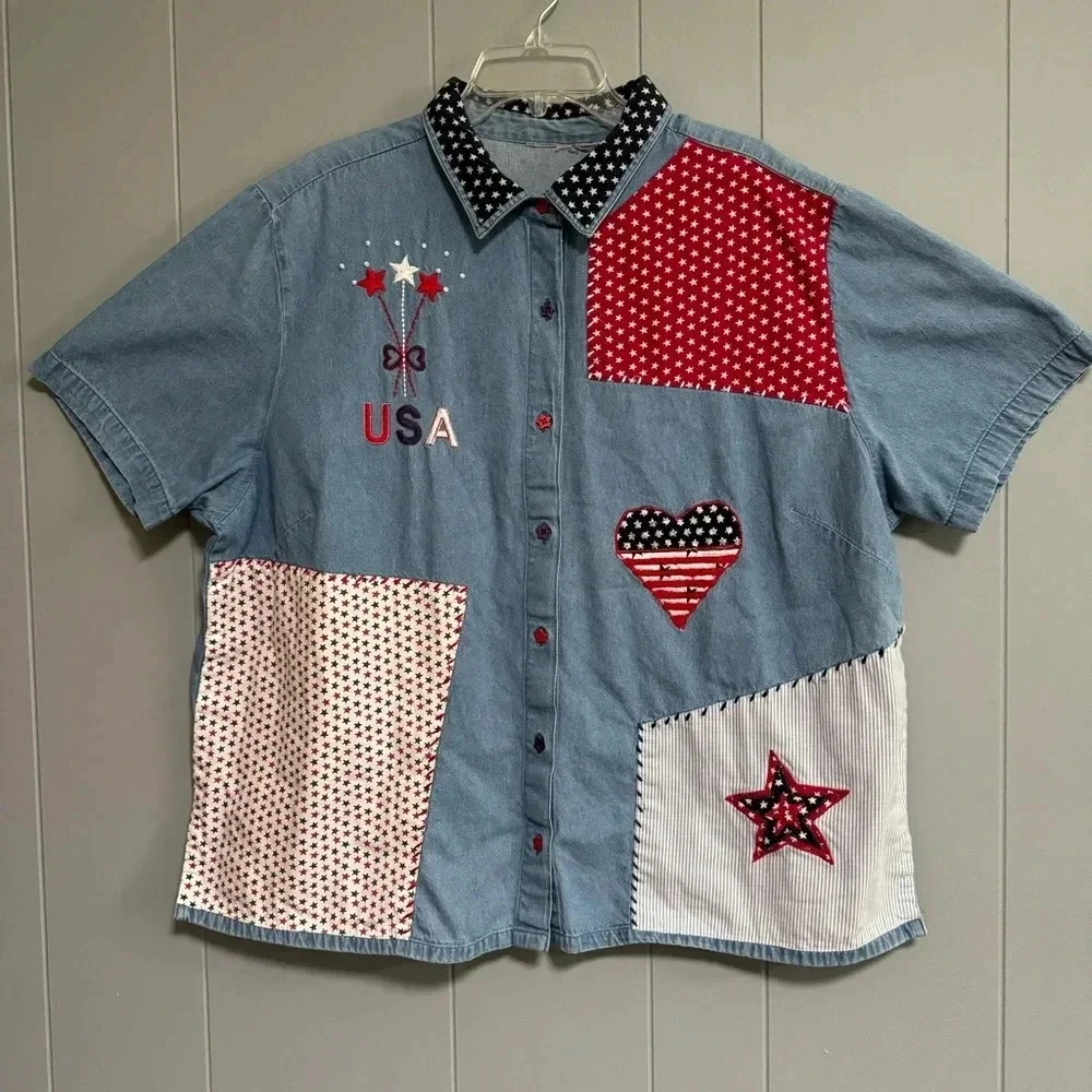 Patriotic USA Patches Embroidered Embellished Red White Blue Denim Shirt Size 3X - Picture 1 of 10
